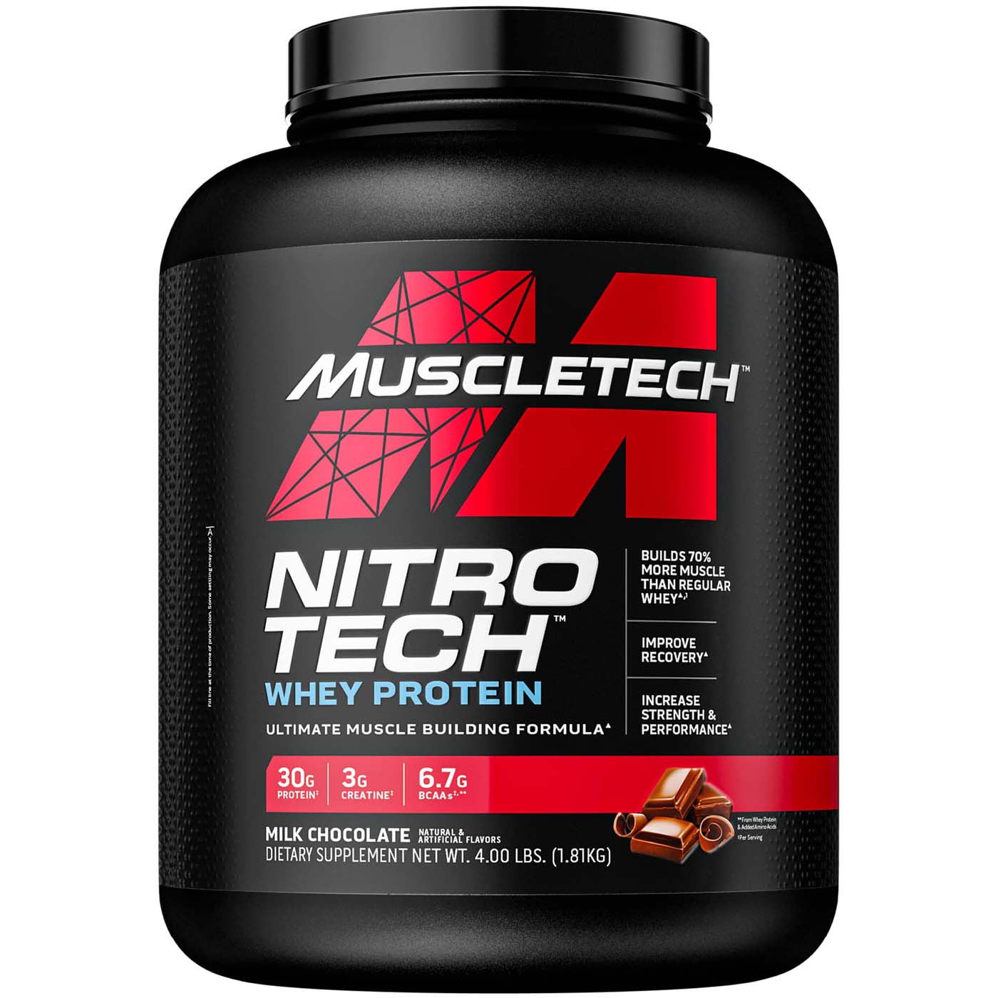 بروتين مصل اللبن نيترو تك من Muscletech، بنكهة الشوكولاتة بالحليب، 4 رطل، لتعزيز العضلات والقوة والأداء 