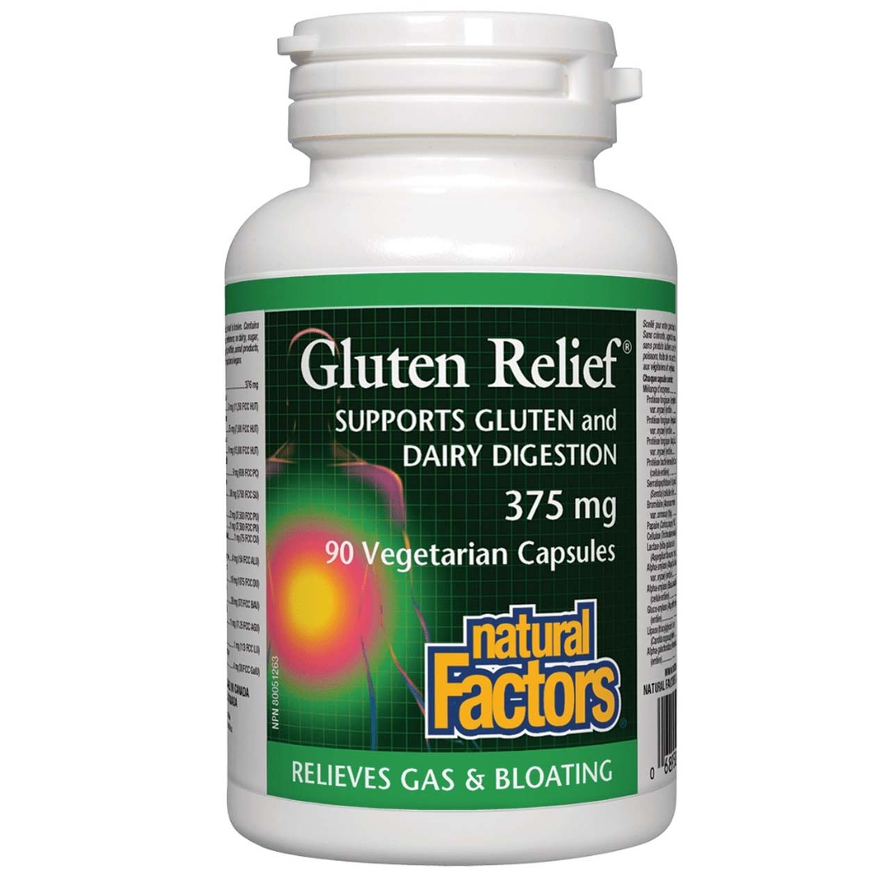 مكمل غذائي Natural Factors Gluten Relief، 375 مجم، 90 كبسولة نباتية، يدعم الجهاز الهضمي