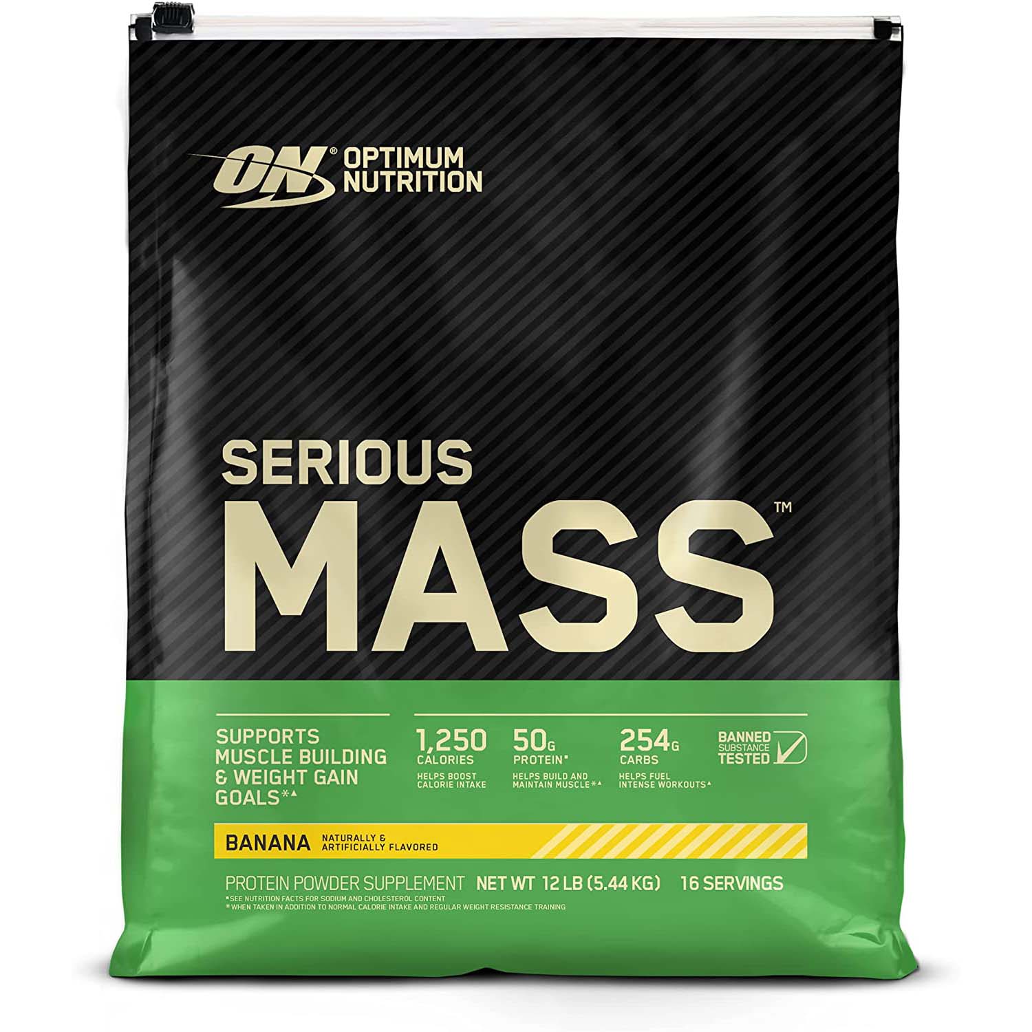 Optimum Nutrition Serious Mass، الموز، 12 رطلاً، 1250 سعرة حرارية، 50 جرامًا من مزيج البروتين 