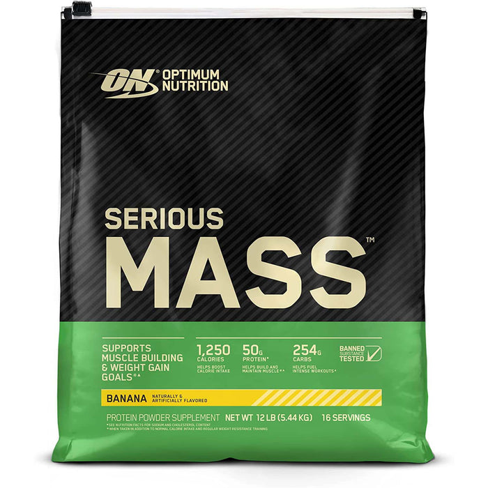 Optimum Nutrition Serious Mass, Banana, 12 LB, 1,250 CALORIES, 50g Protein Blend