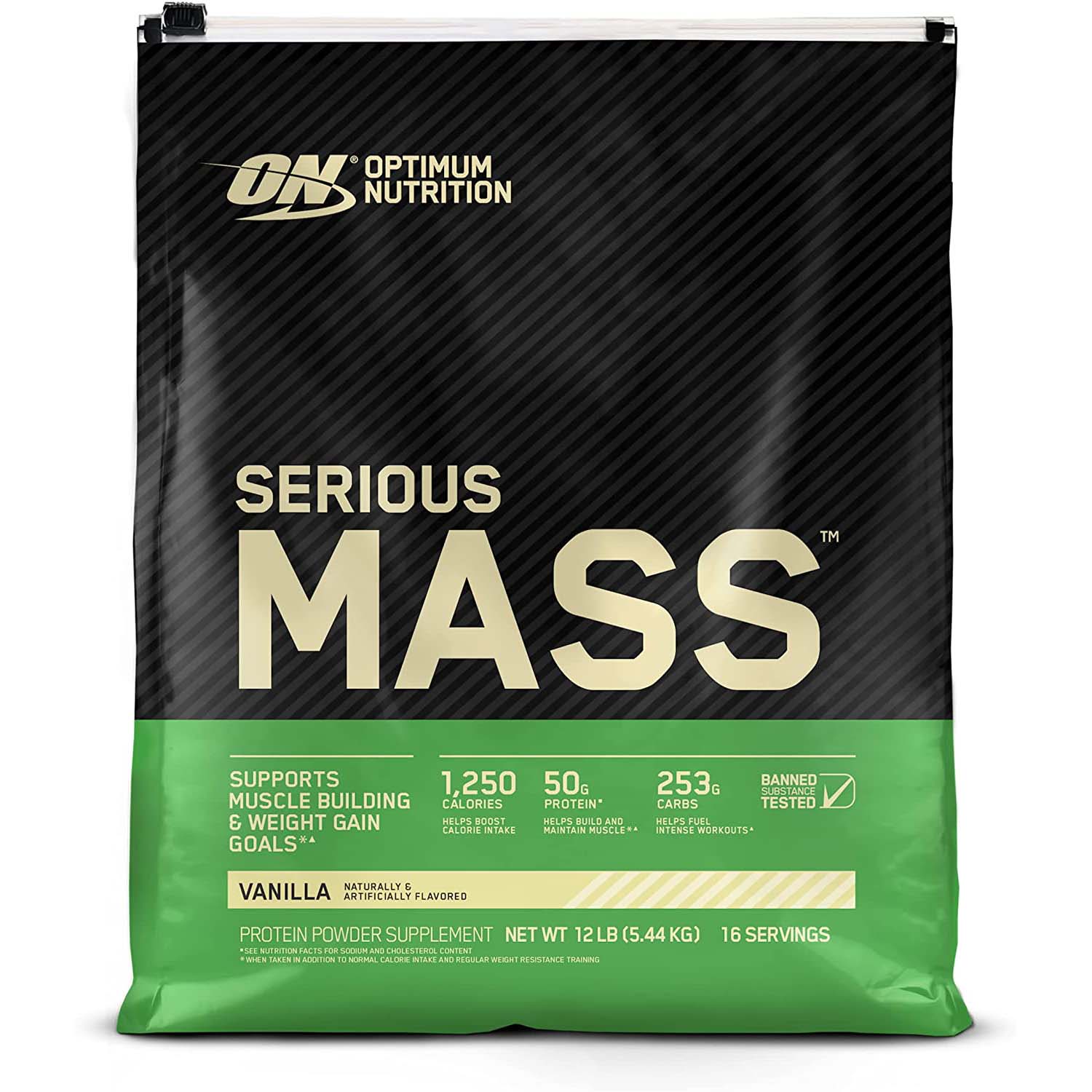 Optimum Nutrition Serious Mass، فانيليا، 12 رطلاً، 1250 سعرة حرارية، 50 جرامًا من مزيج البروتين 