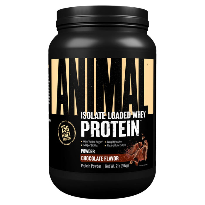 Universal Nutrition Animal Whey Isolate Loaded, Chocolate, 2 LB, 25 g Protein Per Serving Scoop