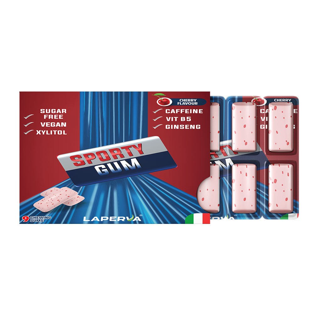Laperva Sporty Gum, Cherry, 1 Piece, Vegan, 15 Mg of Caffeine, Contain Ginseng and Vitamin B5