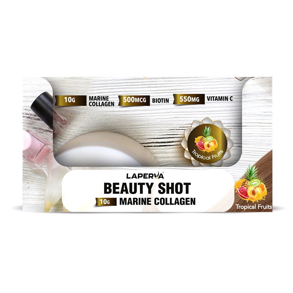 Laperva Beauty Shot Marine Collagen, Box of 12 Shots, Tropical Fruits, 10 Grams of Marine Collagen