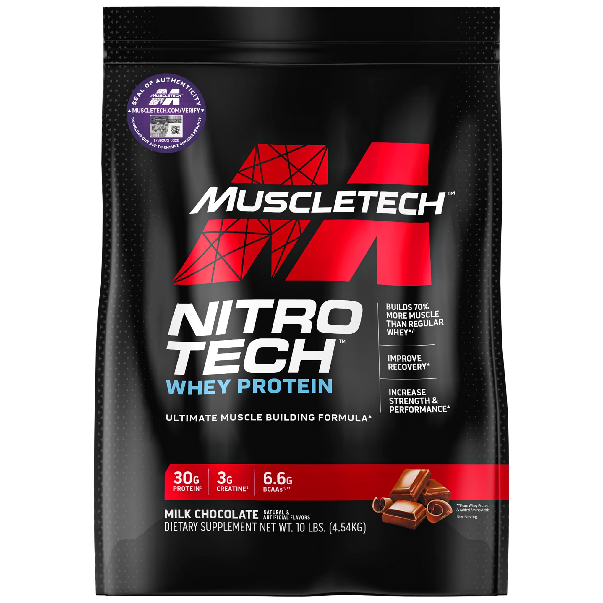 Muscletech Nitro Tech Whey Protein, Milk Chocolate, 10 LB, Enhance Muscle & Strength & Performance