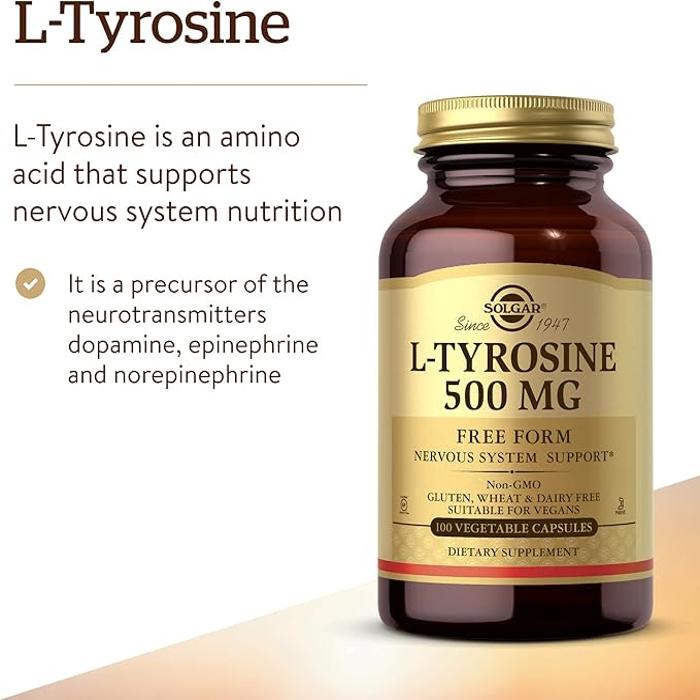 Solgar L-tyrosine, 500 mg, 100 Vegetable Capsules, Brain Nutrition, Supports Nervous System