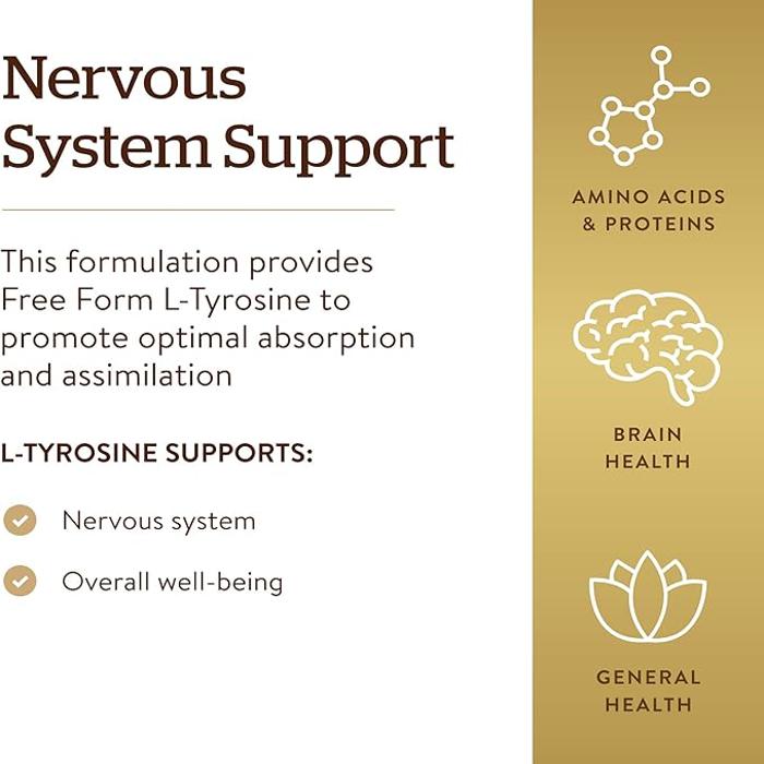سولجار إل تيروسين، 500 مجم، 100 كبسولة نباتية، تغذية الدماغ، يدعم الجهاز العصبي 