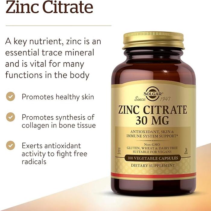 Solgar Zinc Citrate, 30 mg, 100 Veggie Capsules, Immune Support, Increase Fertility